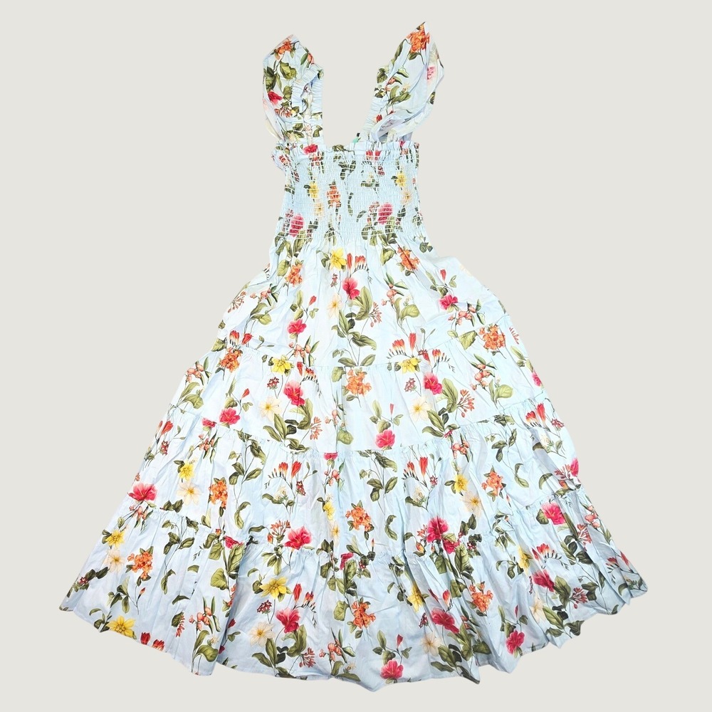 Few Moda Women's Floral Smocked Tiered Maxi Dress Size Medium Blue Ruffle Strap
